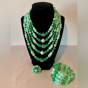 Vintage West Germany Green Beaded Jewelry Set | Mid-Century Statement